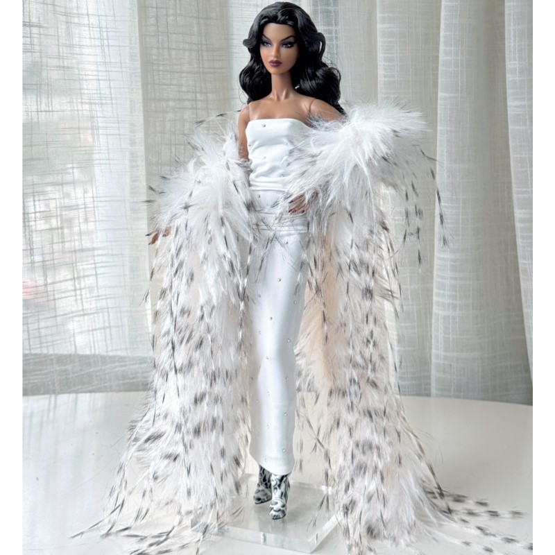 Baby Clothing High End - 1/6スケールのスーパーモデルドール用、高級感あふれるプリンセス風の白いドレスとふわふわのショール。Xianxian 30cmのベビードール用、着せ替え衣装のパーツ。